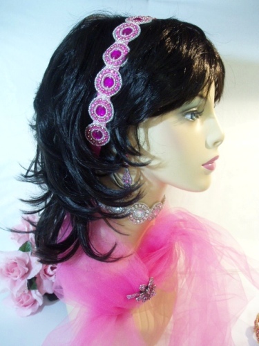 SB0379  Fuchsia Jewel Silver Beaded Rhinestone Headband