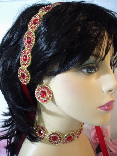 SB0379  Red Jewel Gold Beaded Rhinestone Headband