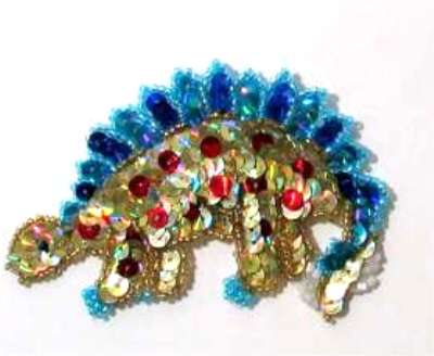 E177   GOLD BLUE DINOSAUR SEQUIN BEADED APPLIQUE 3.5"