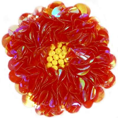 E250 Crystal Red Beaded Sequin Applique Flower   2.75"