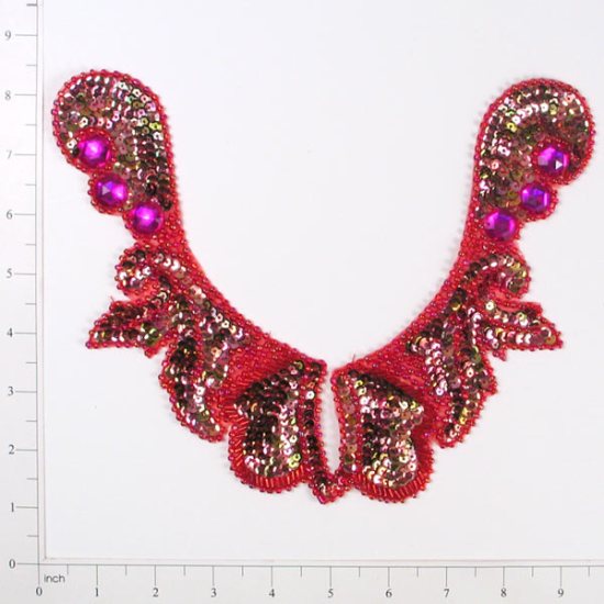 E3426  Red Jewel Sequin Beaded Applique Collar 10"