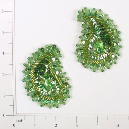 E3430  Green Paisley Pair Sequin Beaded Appliques 3"