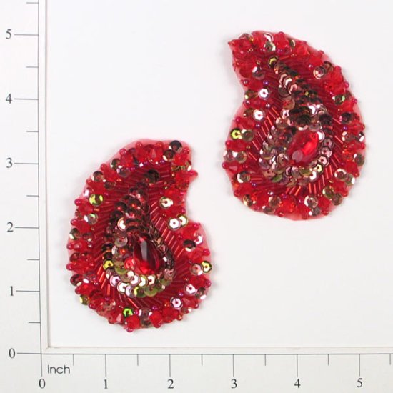 E3430  Red Paisley Pair Sequin Beaded Appliques 3"