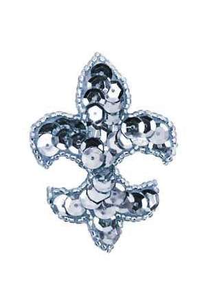 E419S Small Silver Fleur De Leis Beaded Sequin Applique 2.25"