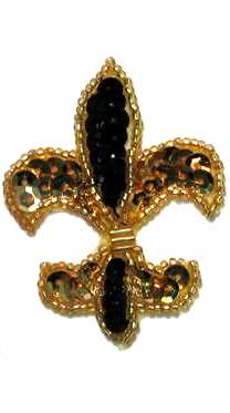 E419S  Small Black Gold Fleur De Leis Beaded Sequin Applique 2.25"