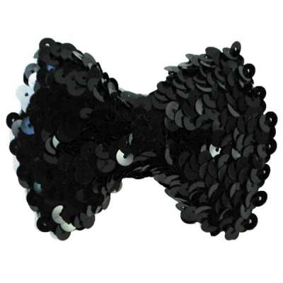 E5991 Black Sequin Bow Tie Applique Pin 3.25"