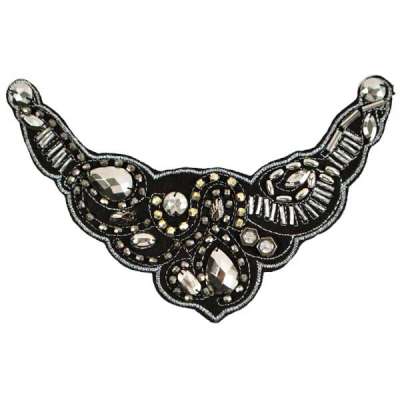 E6018 Black Silver Gem Beaded Collar Applique  8"