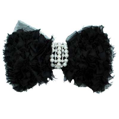 E6034  Black Pearl Bow Clip Brooch Applique 5"