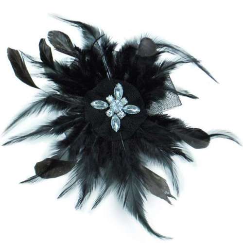 E6045  Black Feather Clip Brooch Rhinestone Applique 7"