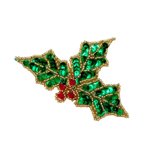 E616xs Holly Leaves With Berries Beaded Sequin Applique 4"
