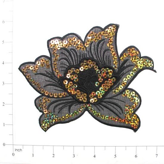 E6338  Black Gold Rose Embroidered Sequin Applique 6.5"
