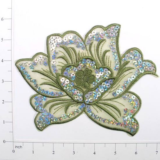 E6338  Olive Green Rose Embroidered Sequin Applique 6.5"