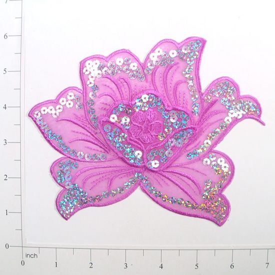 E6338  Lavender Rose Embroidered Sequin Applique 6.5"