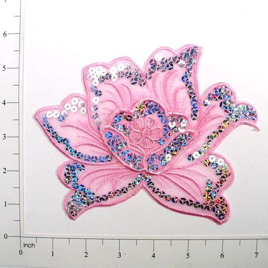 E6338  Pink Rose Embroidered Sequin Applique 6.5"