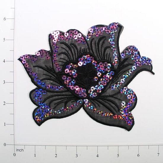 E6338  Black Lavender Pink Rose Embroidered Sequin Applique 6.5"