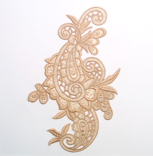 E645  Beige Paisley Embroidered Iron On Applique 9.5"