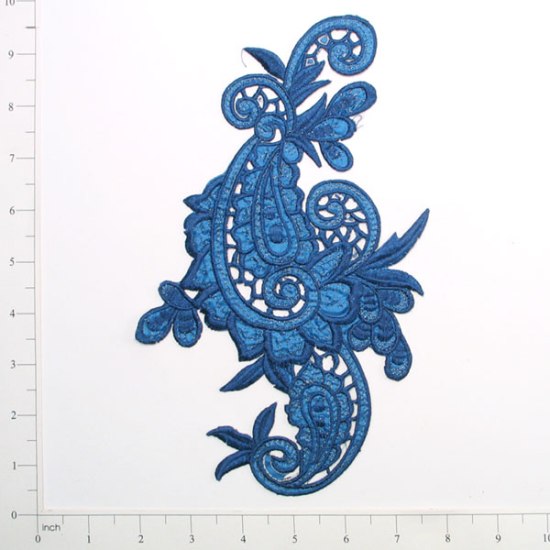 E645  Blue Paisley Embroidered Iron On Applique 9.5"
