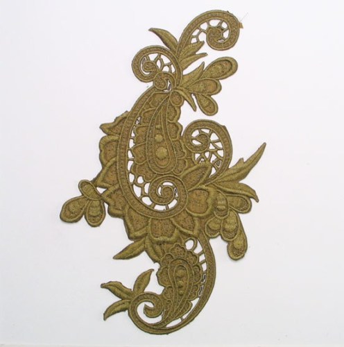 E645 Olive Green Paisley Embroidered Iron On Applique 9.5"