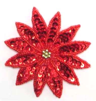 E730 Red Poinsettia Beaded Sequin Applique 2.75"