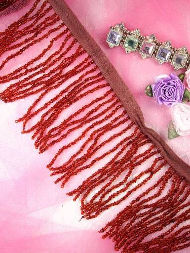 T1001 Brick Red Beaded Fringe Trim 3"