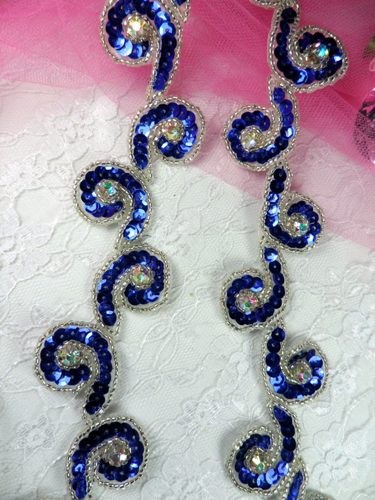 T8136 Blue Silver Rhinestone Curl Sequin Beaded Trim