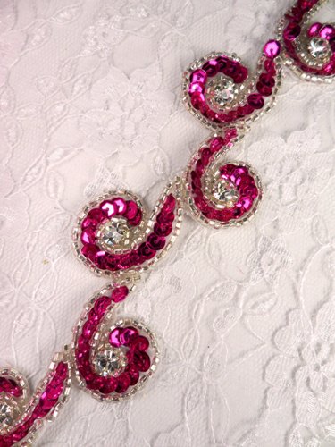 T8136 Fuchsia Silver Rhinestone Curl Sequin Beaded Trim