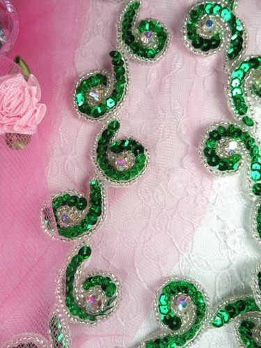 T8136 Green Silver Rhinestone Curl Sequin Beaded Trim