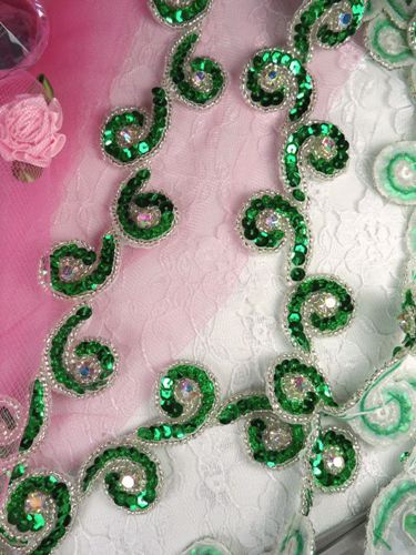 T8136 Green Silver Rhinestone Curl Sequin Beaded Trim