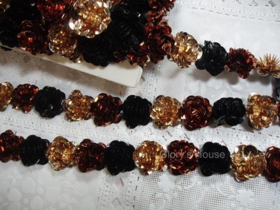 T8280 Bronze Gold Black Flower Sequin Appliques or Trim