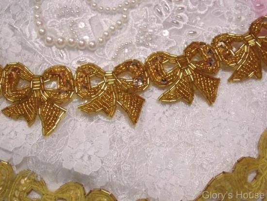 T8623  Gold Christmas Bow Sequin Beaded Applique or Trim