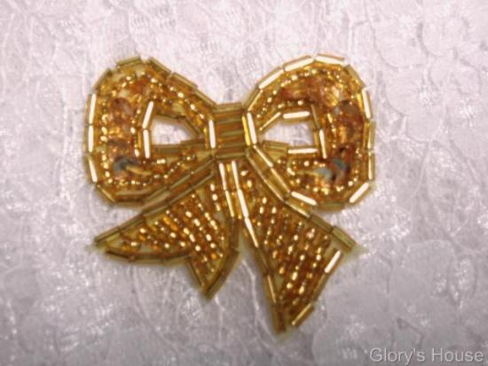 T8623  Gold Bow Sequin Beaded Applique 2"