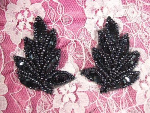 AT8633 Gunmetal Leaf Mirror Pair Sequin Beaded Appliques 2"