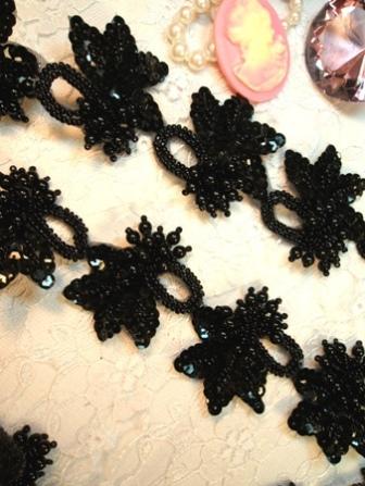 T8634S  Black Flower Sequin Beaded Applique or Trim 2"
