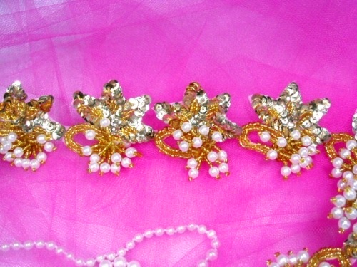 T8634  Gold Pearl Flower Sequin Beaded Applique or Trim