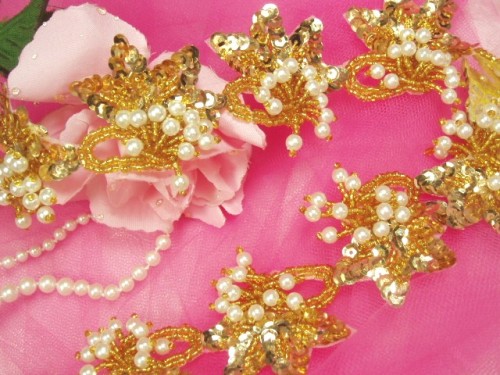 T8634  Gold Pearl Flower Sequin Beaded Applique or Trim