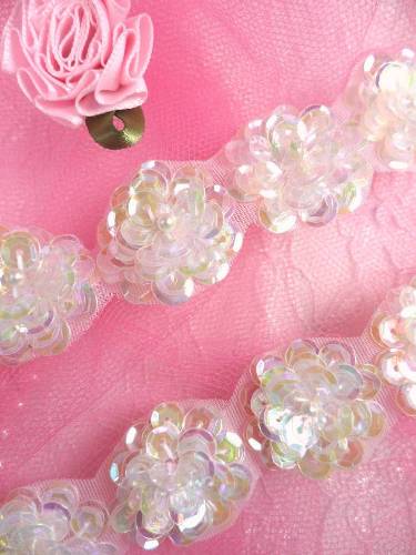 T8900 Crystal  Ab Pearl Flower Sequin  Appliques or Trim 1"