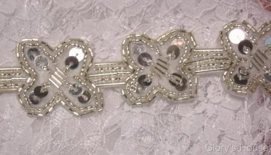 T8918 SIlver X Sequin Beaded Applique or Trim 1.5"