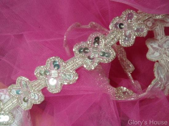 T8918 SIlver X Sequin Beaded Applique or Trim 1.5"