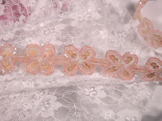 T8918 Peach Pink  X Sequin Beaded Applique or Trim 1.5"