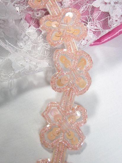 T8918 Peach Pink  X Sequin Beaded Applique or Trim 1.5"