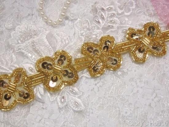 T8918 Gold X Sequin Beaded Applique or Trim 1.5"