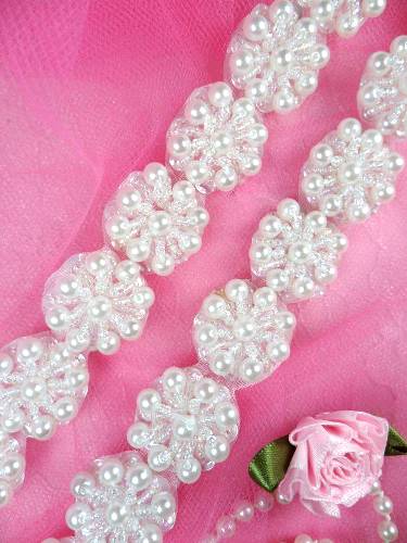 TFS02 Crystal AB White Floral Pearl Sewing Trim .75"