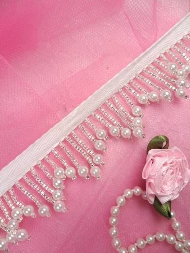 TFS3910 White Pearl Silver Beaded Fringe Sewing Trim