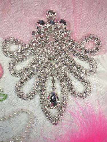 TS10 Silver Crystal Clear Rhinestone Applique Embellishment 4.5"