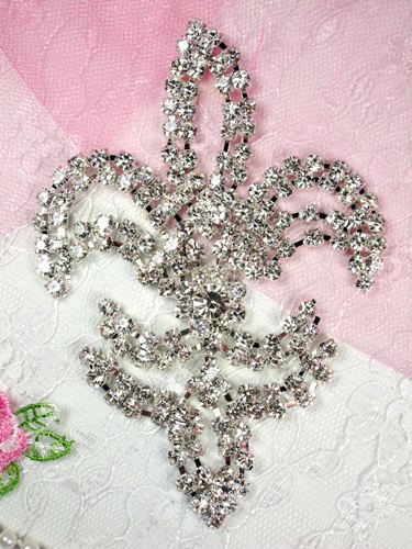 TS13 Silver Crystal Clear Fleur De Lis Rhinestone Applique Embellishment 4.25"