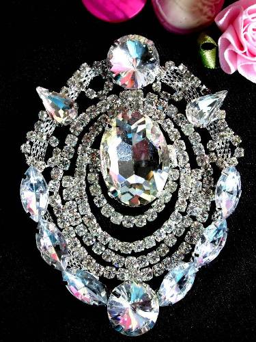 TS22 Silver Crystal Clear Rhinestone Applique Embellishment 3"