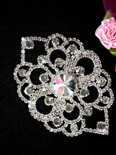 TS23 Silver Crystal Clear Rhinestone Applique Embellishment 4"