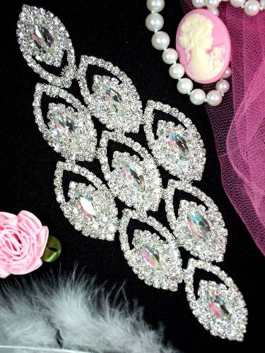 TS27 Silver Crystal Clear Rhinestone Applique Embellishment 6"