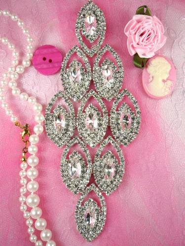 TS27 Silver Crystal Clear Rhinestone Applique Embellishment 6"