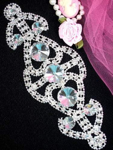 TS34 Silver Crystal Clear Rhinestone Applique Embellishment 6.5"
